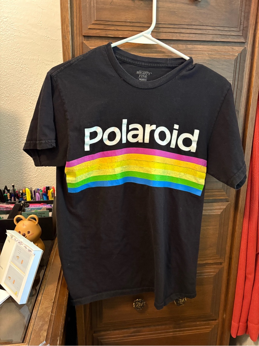 Mighty Fine Black Tee with Colorful Rainbow Stripes